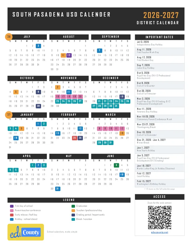 South Pasadena USD Calender printable 2026-27 calendar