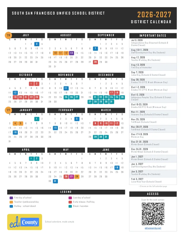 South San Francisco Unified School District printable 2026-27 calendar