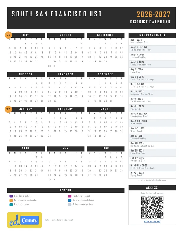 South San Francisco USD printable 2026-27 calendar