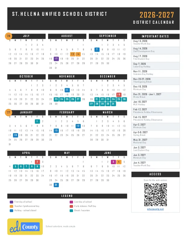 St. Helena Unified School District printable 2026-27 calendar