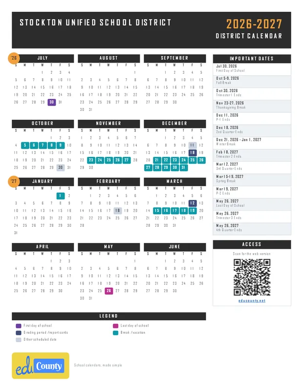 Stockton Unified School District printable 2026-27 calendar