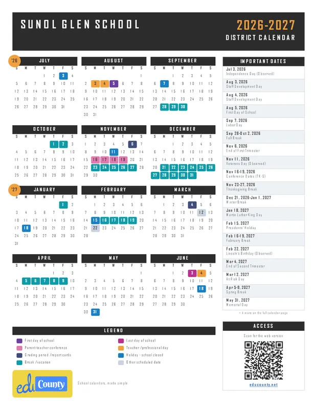 Sunol Glen School printable 2026-27 calendar