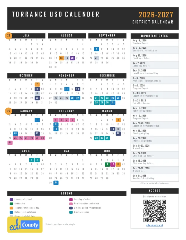 Torrance Unified School District USD Calender printable 2026-27 calendar