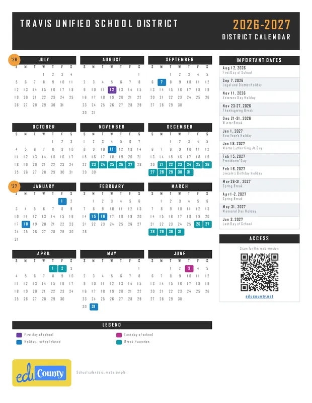 TRAVIS UNIFIED SCHOOL DISTRICT printable 2026-27 calendar