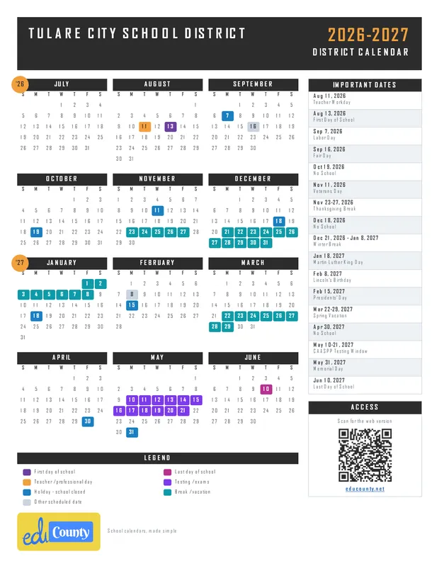 Tulare City School District printable 2026-27 calendar