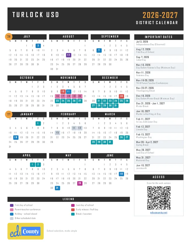 Turlock Unified School District USD printable 2026-27 calendar