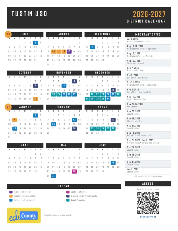 Tustin usd Unified School District printable 2026-27 calendar