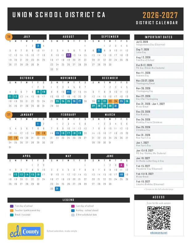 Union School District printable 2026-27 calendar