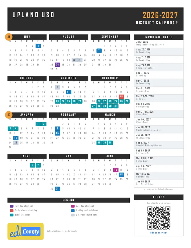Upland USD printable 2026-27 calendar