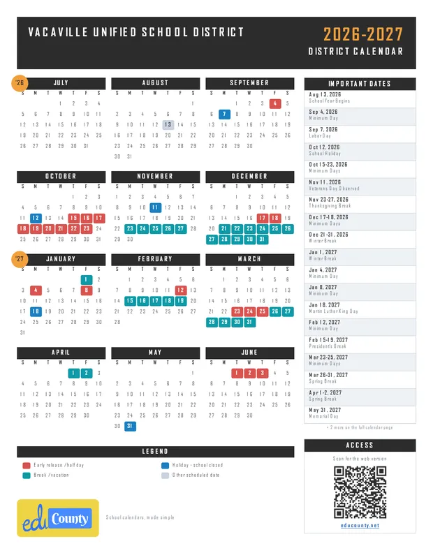 Vacaville Unified School District printable 2026-27 calendar