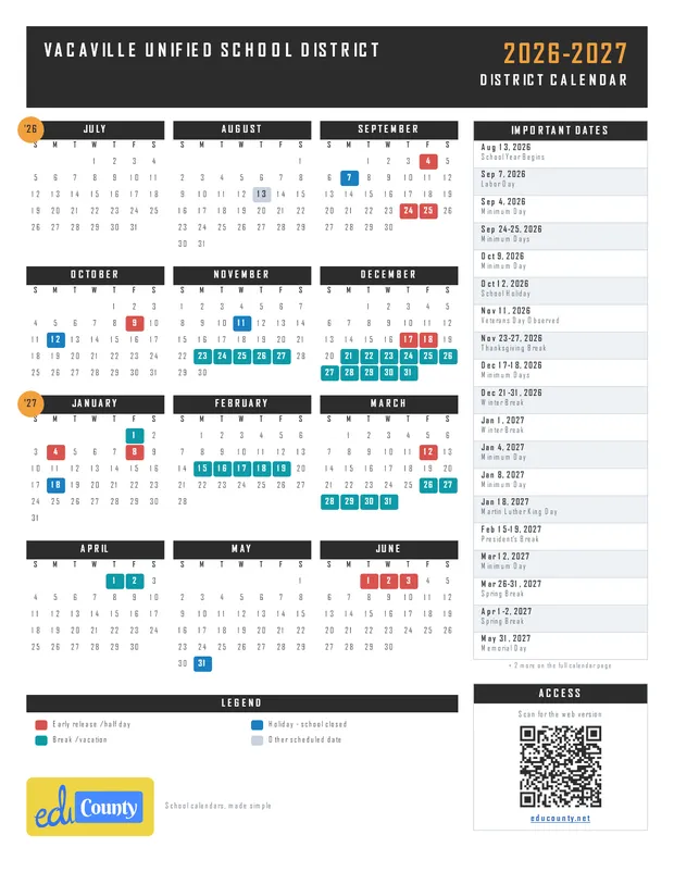 Vacaville Unified School District printable 2026-27 calendar