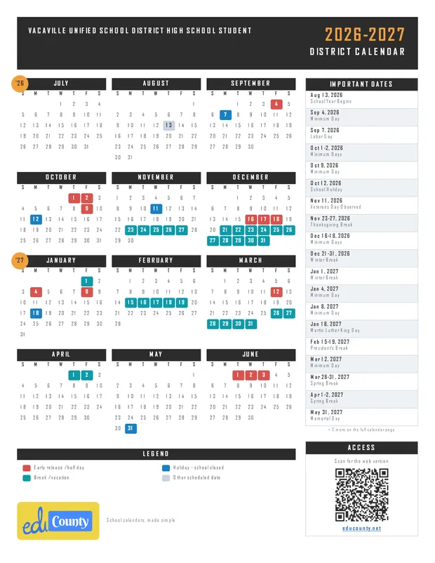Vacaville Unified School District High School Student printable 2026-27 calendar