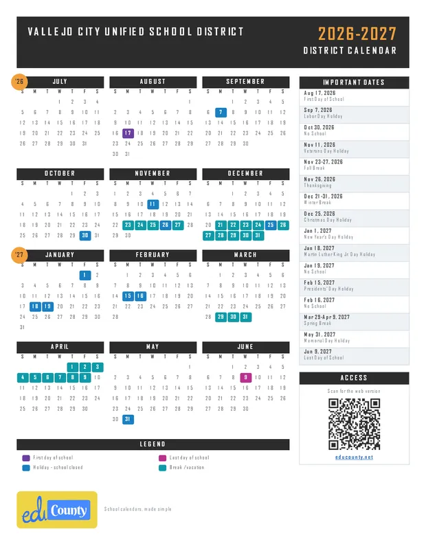 Vallejo City Unified School District printable 2026-27 calendar