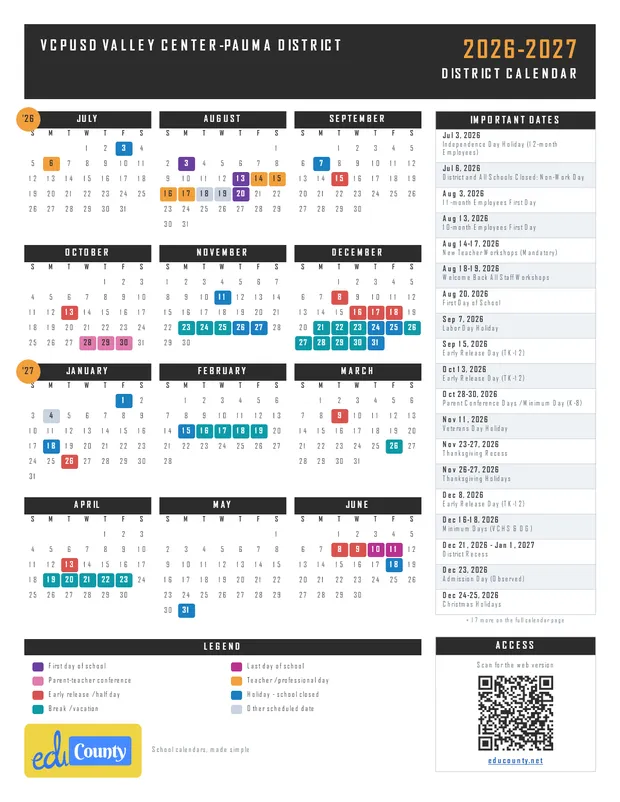 VCPUSD Valley Center-Pauma District printable 2026-27 calendar