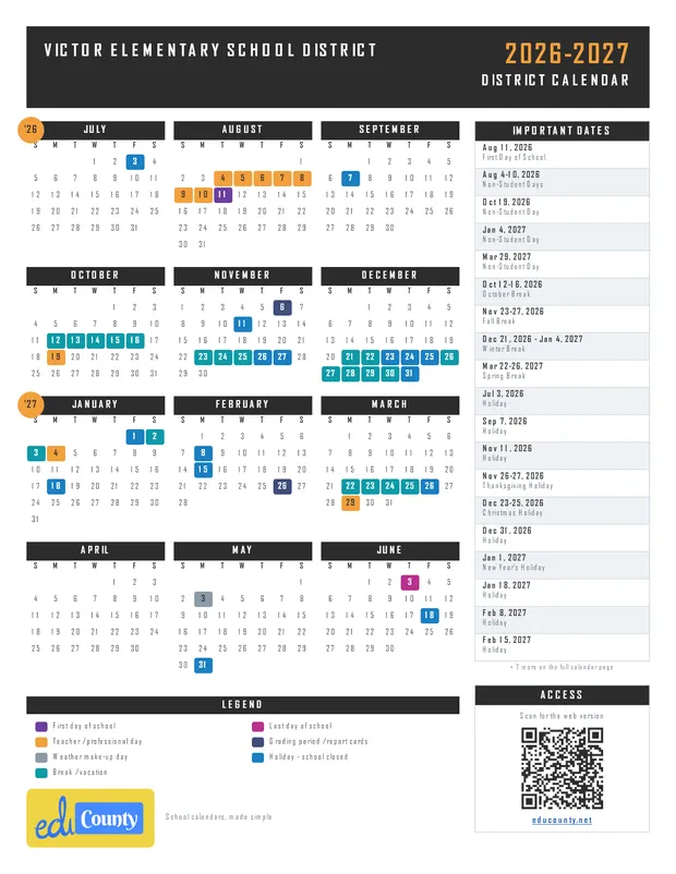 Victor Elementary School District printable 2026-27 calendar