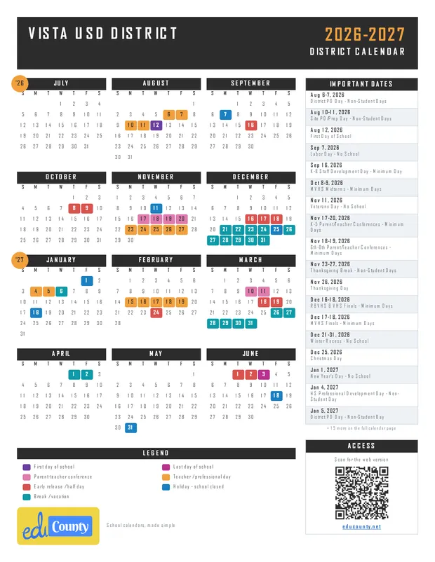 Vista USD Unified School District printable 2026-27 calendar