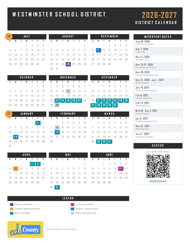Westminster School District printable 2026-27 calendar