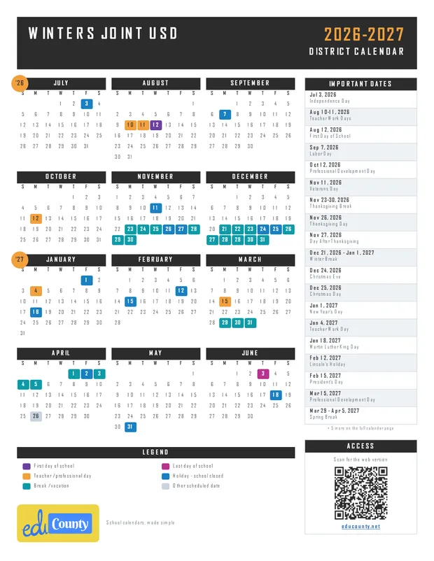 Winters Joint Unified School District USD printable 2026-27 calendar