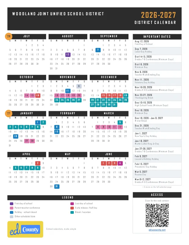 Woodland Joint Unified School District WJUSD printable 2026-27 calendar