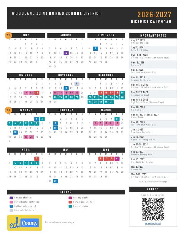 Woodland Joint Unified School District printable 2026-27 calendar