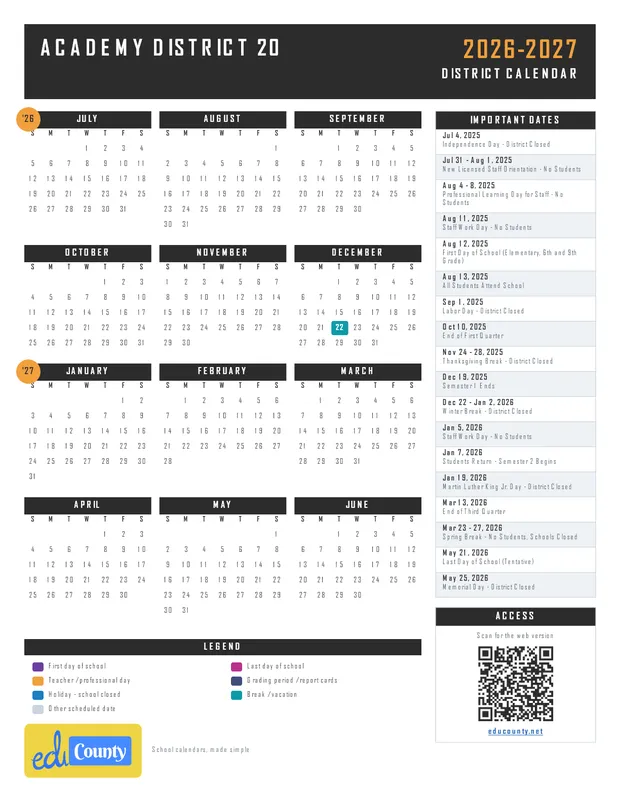 Academy District 20 printable 2026-27 calendar