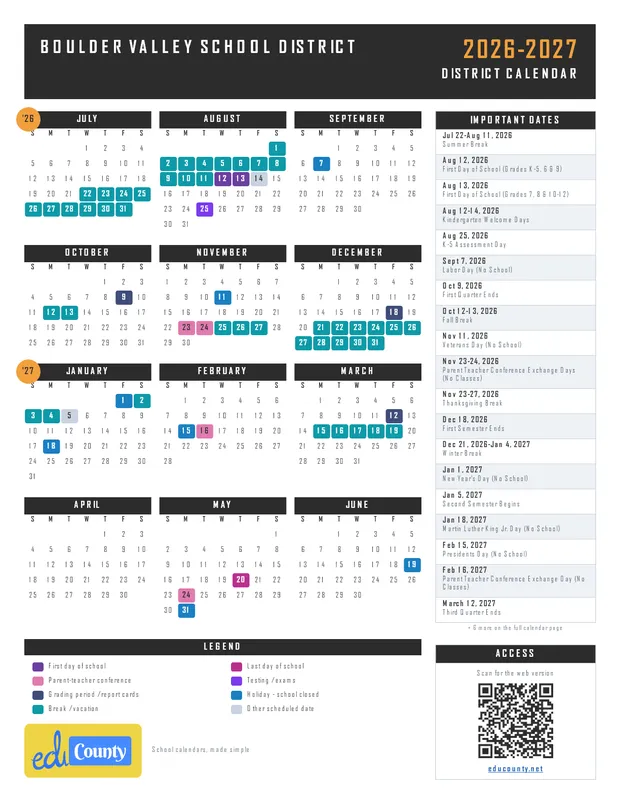 Boulder Valley School District printable 2026-27 calendar