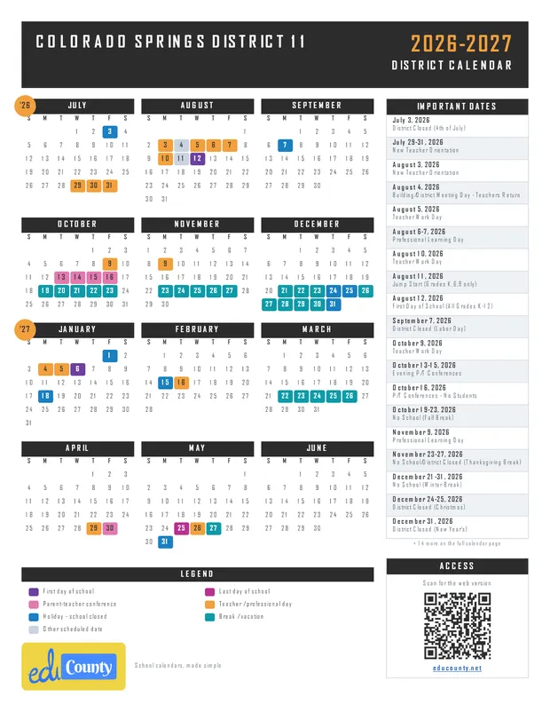Colorado Springs District 11 printable 2026-27 calendar