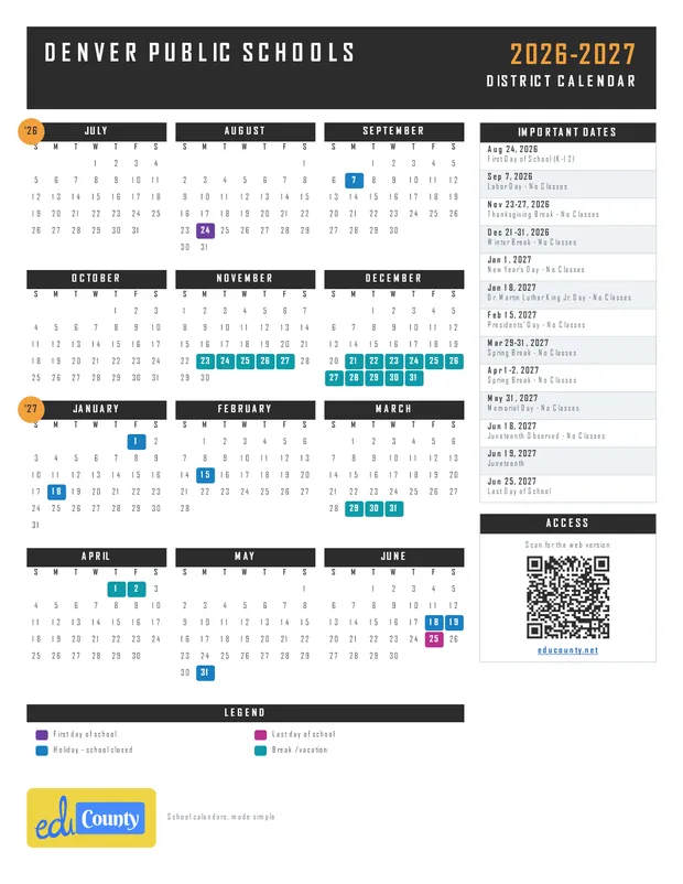 Denver Public Schools printable 2026-27 calendar