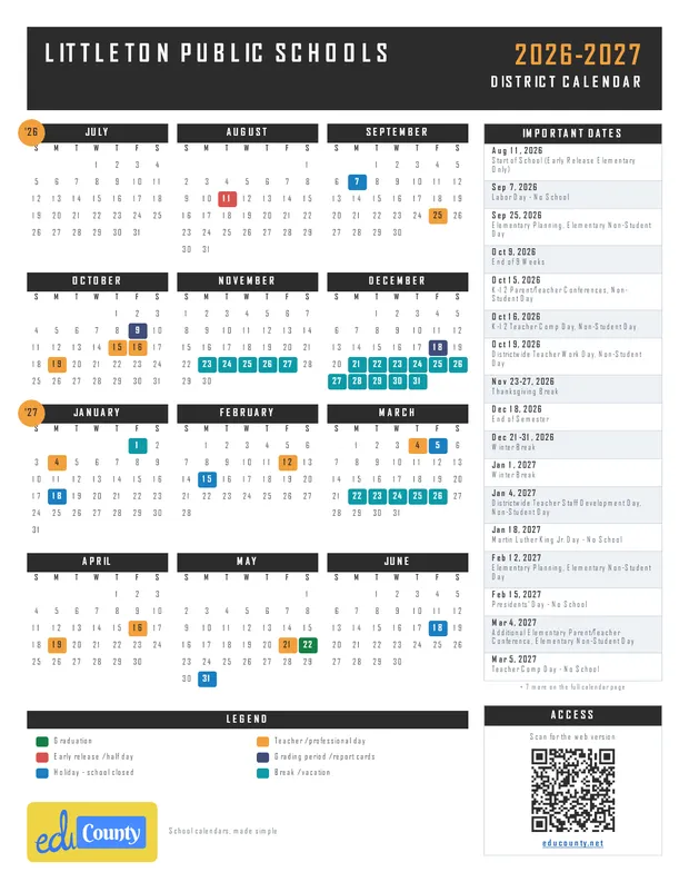 Littleton Public Schools printable 2026-27 calendar