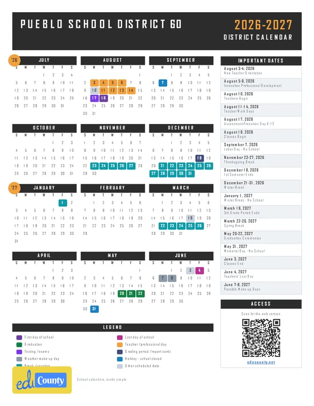 Pueblo School District 60 printable 2026-27 calendar