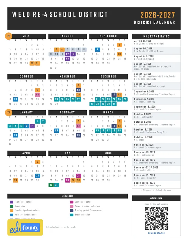 Weld RE-4 School District printable 2026-27 calendar