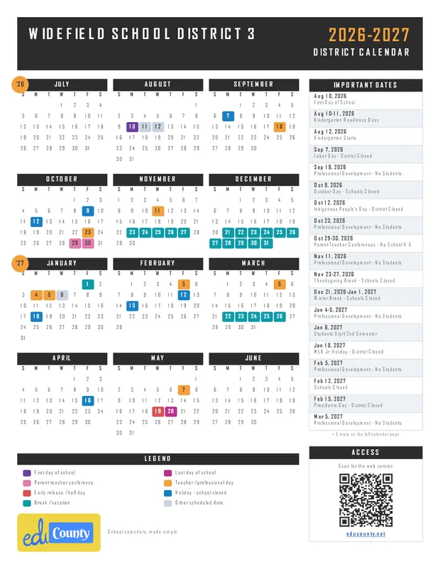 Widefield School District 3 printable 2026-27 calendar