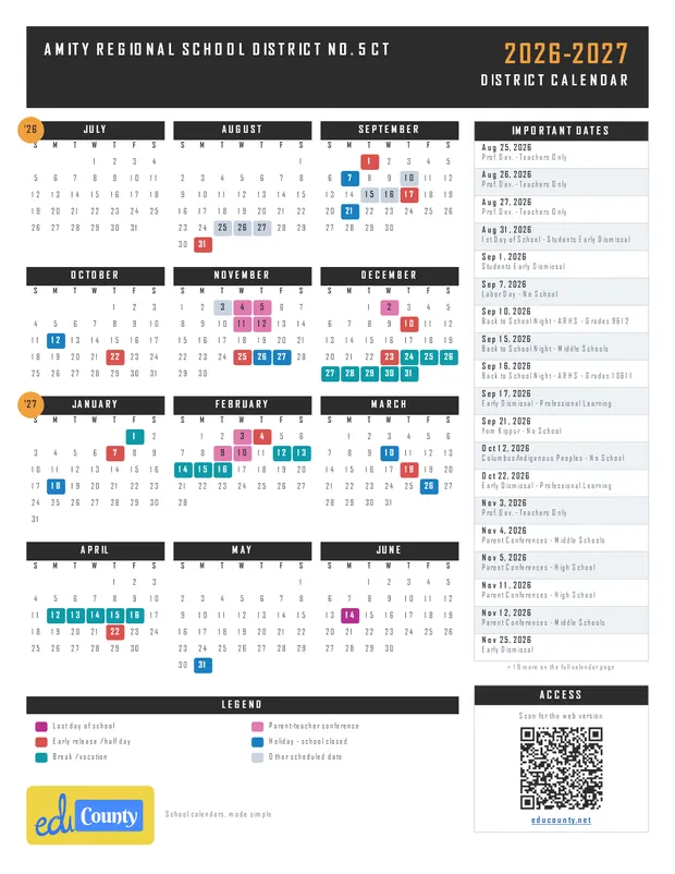 Amity Regional School District No. 5 printable 2026-27 calendar