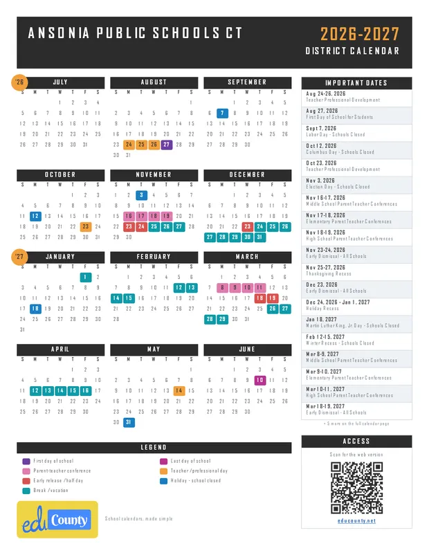 ANSONIA PUBLIC SCHOOLS printable 2026-27 calendar