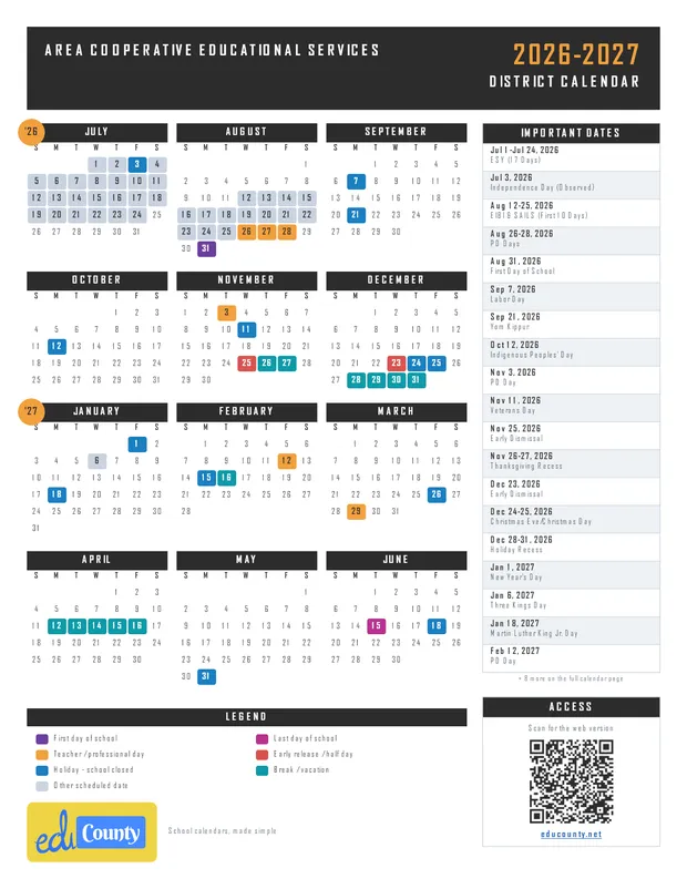 AREA COOPERATIVE EDUCATIONAL SERVICES printable 2026-27 calendar