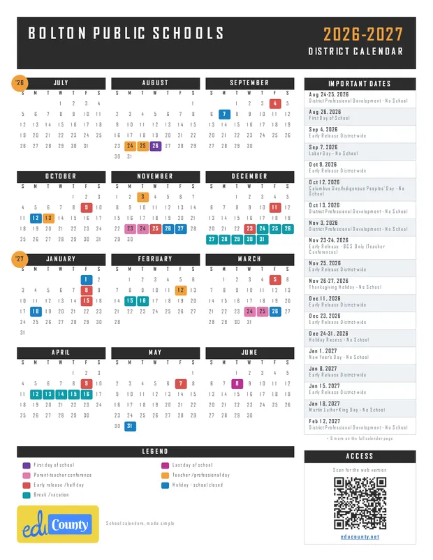 Bolton Public Schools printable 2026-27 calendar