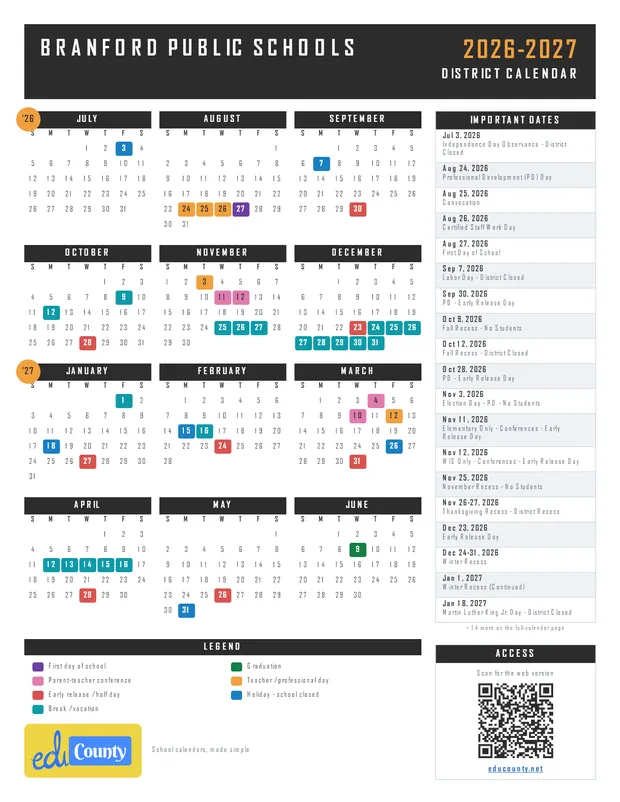 Branford Public Schools printable 2026-27 calendar