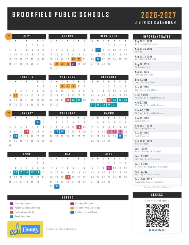 Brookfield Public Schools printable 2026-27 calendar
