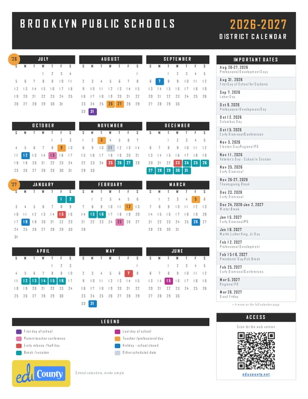 BROOKLYN PUBLIC SCHOOLS printable 2026-27 calendar