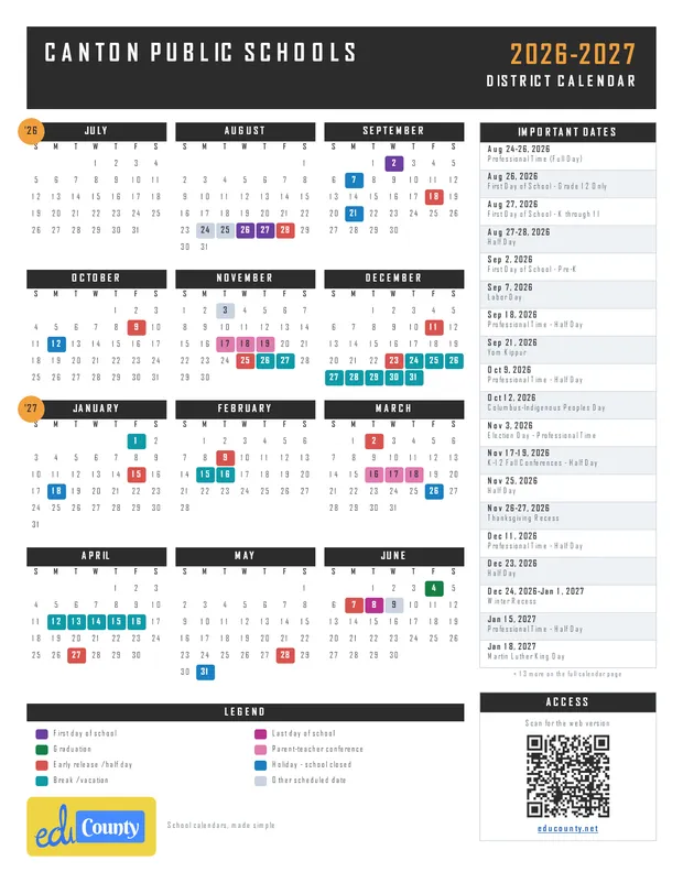 CANTON PUBLIC SCHOOLS printable 2026-27 calendar