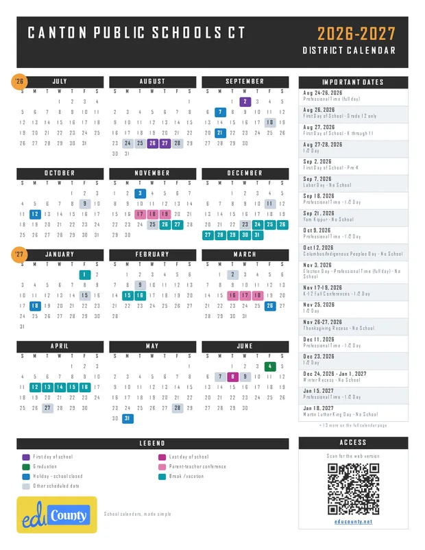 Canton Public Schools printable 2026-27 calendar