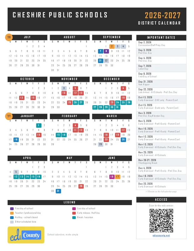 Cheshire Public Schools printable 2026-27 calendar