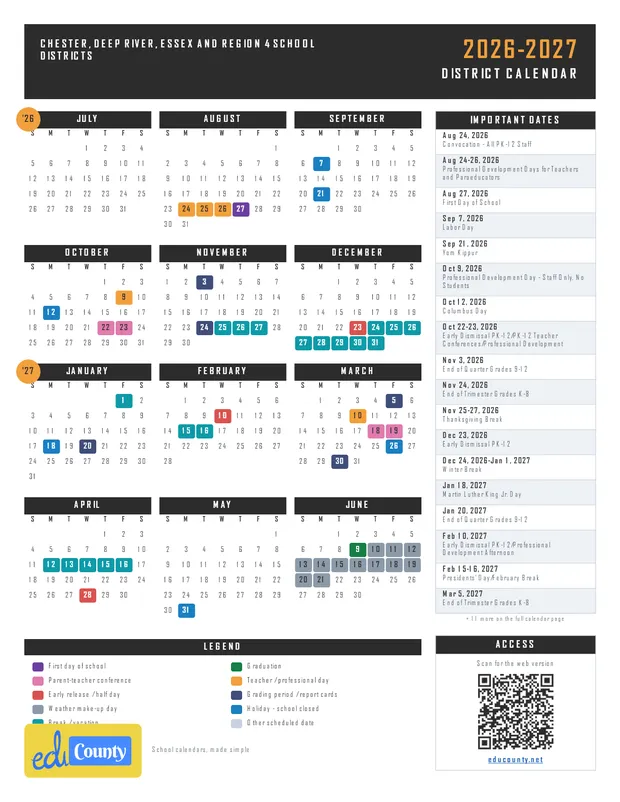 Chester, Deep River, Essex and Region 4 School Districts printable 2026-27 calendar