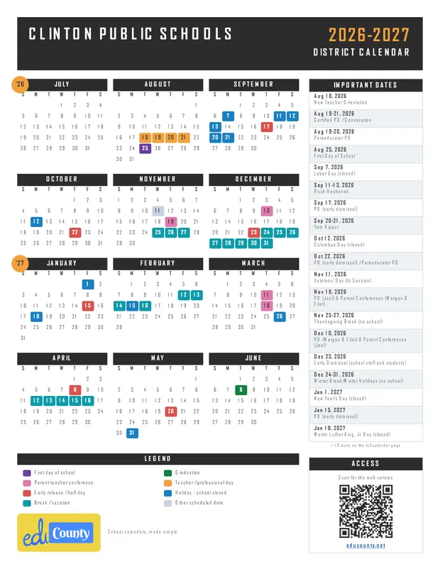 Clinton Public Schools printable 2026-27 calendar