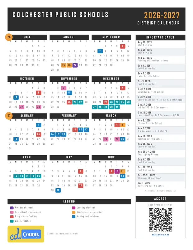 COLCHESTER PUBLIC SCHOOLS printable 2026-27 calendar