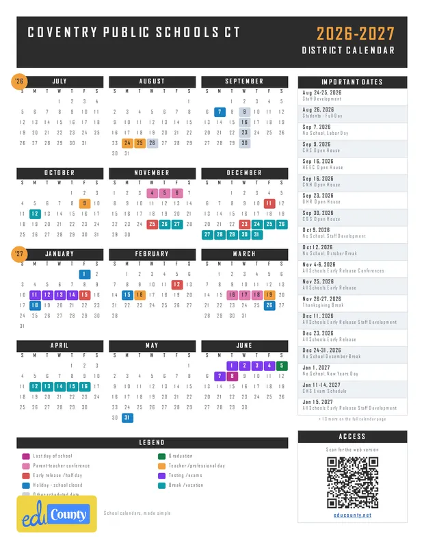 Coventry Public Schools printable 2026-27 calendar