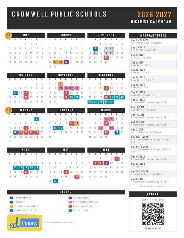 CROMWELL PUBLIC SCHOOLS printable 2026-27 calendar