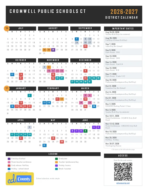 CROMWELL PUBLIC SCHOOLS printable 2026-27 calendar
