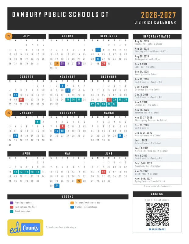 Danbury Public Schools printable 2026-27 calendar