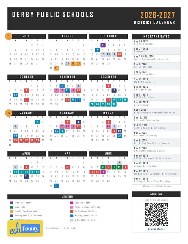 Derby Public Schools printable 2026-27 calendar
